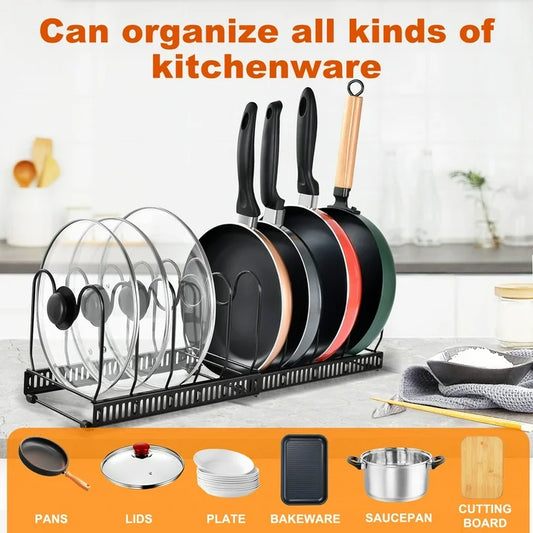 Aovky Pot Lid Organizer with 12 Adjustable Dividers, Expandable Metal Pots and Pans Organizer for Kitchen