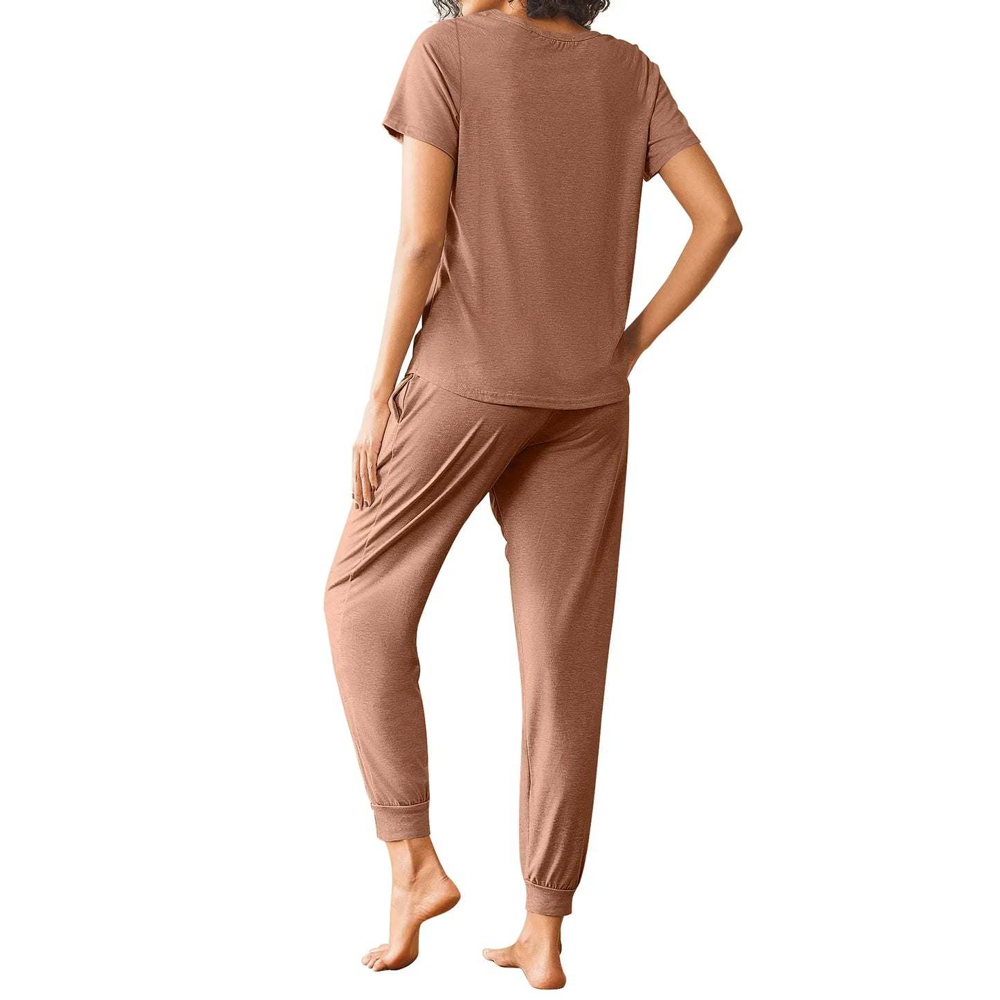 Fantaslook Pajamas Sets for Women Short Sleeve Henley Shirt And Pants With Drawstring Casual Lounge Wear Sets Summer Outfits