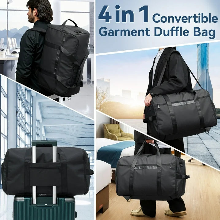 HONEIER Garment Duffle Bags for Travel 4 in 1 Waterproof Travel Suit Bag with Shoulder Strap Convertible Garment Bag with Shoe Compartment for Men Women, Carry On Luggage Bags Gym Bag, Black, 55L