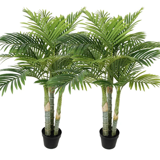 Anting 4FT Artificial Golden Cane Palm Tree 15Leaves Faux Triple Tropical Palm Plants with Pot for Gift Home Office Decor Green (Set of 2)