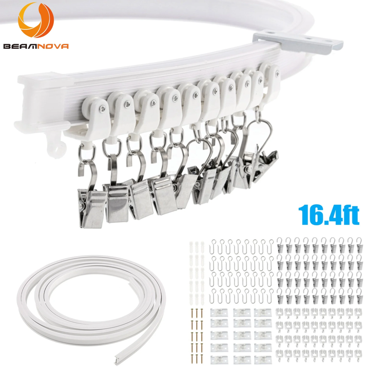 Aovky Flexible Bendable Ceiling Curtain Track, 16.4FT (5m) Curved Curtain Track Ceiling Mount with Curtain Rail System, Ceiling Track for Curtains for Room Divider RV Shower Bay Window, White