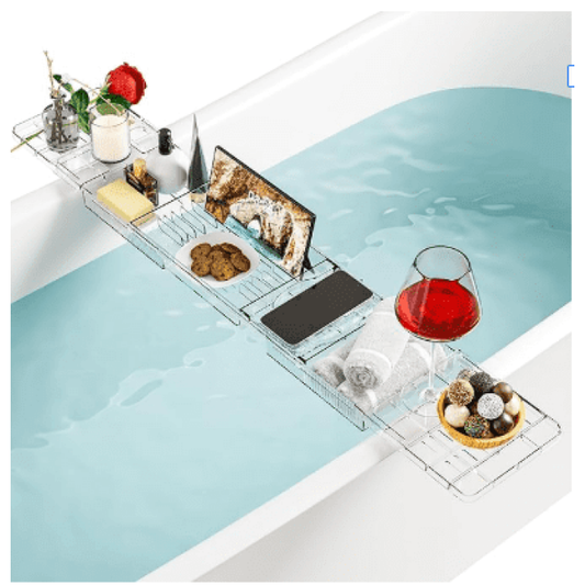 Bathtub Caddy Tray, Adjustable Bath Tray for Tub, Clear Tub Caddy Tray with Tablet PC Holder  Wine Glass Holder, Tub Caddy for Bathroom Luxury Spa, Fits Most Tubs (Clear ABS)