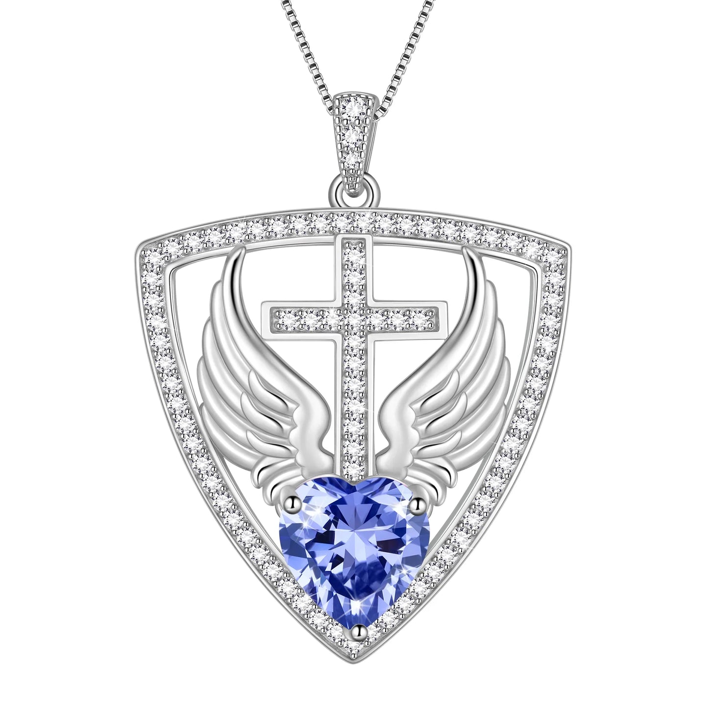 Beautlace 925 Sterling Silver Cross Shield Necklace with Wings and Heart December Tanzanite Birthstone Pendant Necklace Faith and Guardian Jewelry Birthday Christmas Valentines Gifts for Women Mom