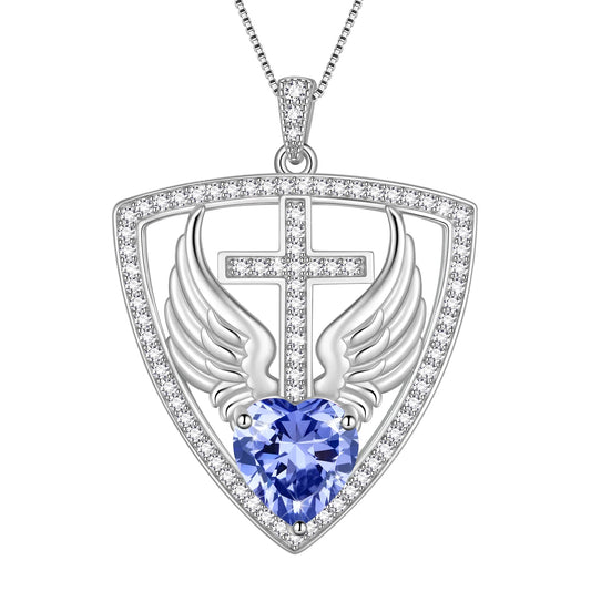 Beautlace 925 Sterling Silver Cross Shield Necklace with Wings and Heart December Tanzanite Birthstone Pendant Necklace Faith and Guardian Jewelry Birthday Christmas Valentines Gifts for Women Mom