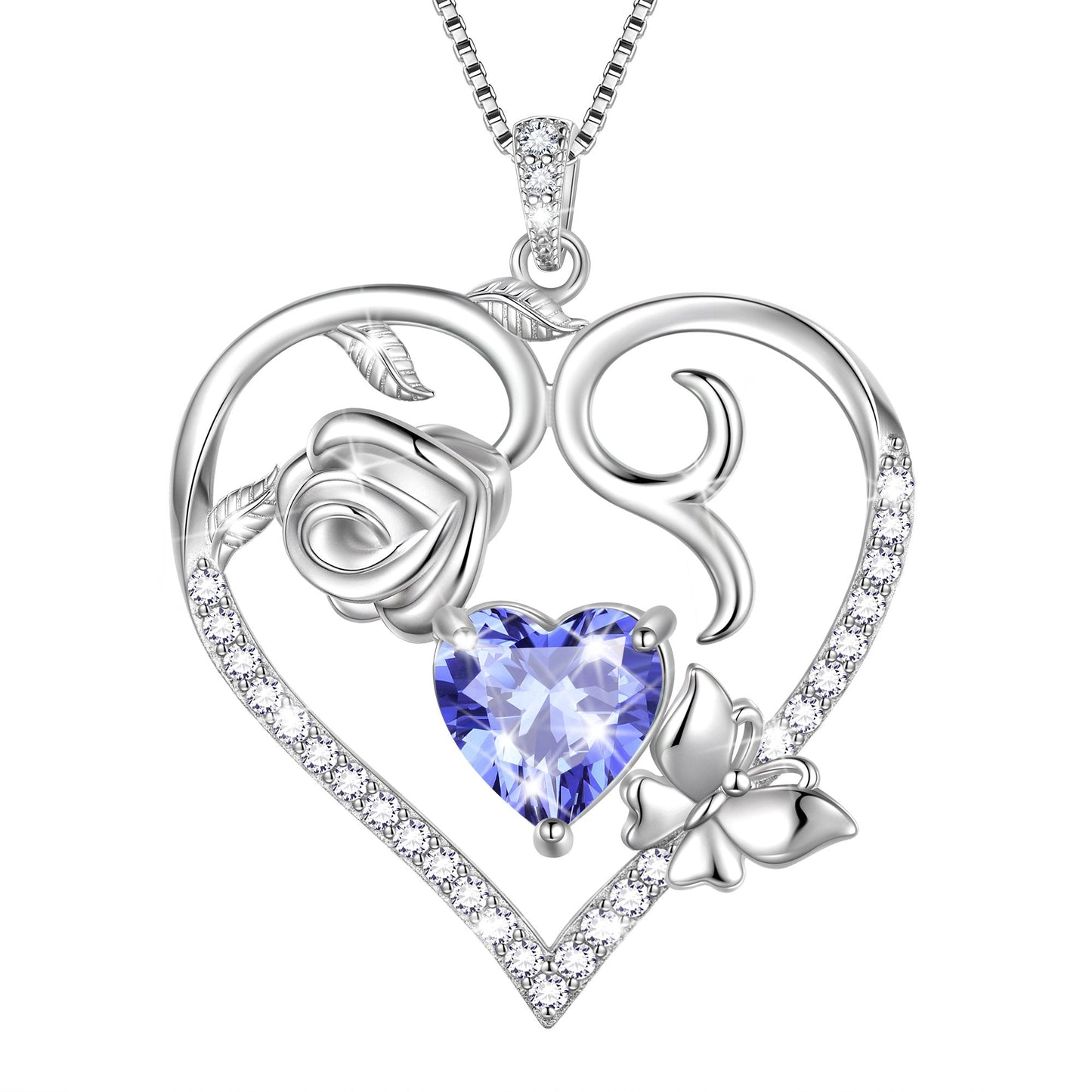 Beautlace 925 Sterling Silver Heart Rose Necklace,Butterfly Flower Cute Animal Pendant Necklace Jewelry Birthday Christmas Valentines Mother's Day Gifts for Women Mom -December