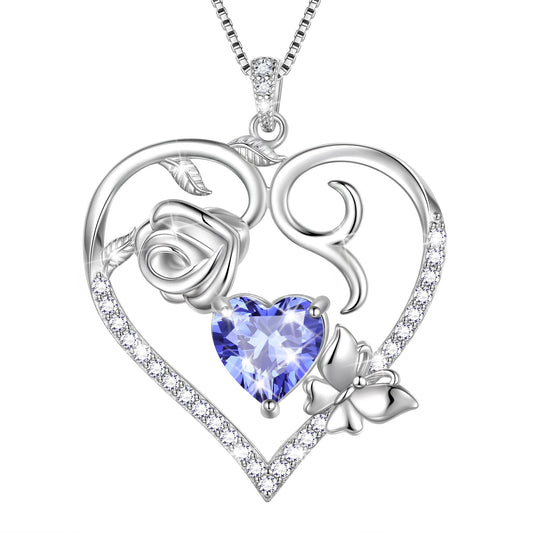 Beautlace 925 Sterling Silver Heart Rose Necklace,Butterfly Flower Cute Animal Pendant Necklace Jewelry Birthday Christmas Valentines Mother's Day Gifts for Women Mom -December