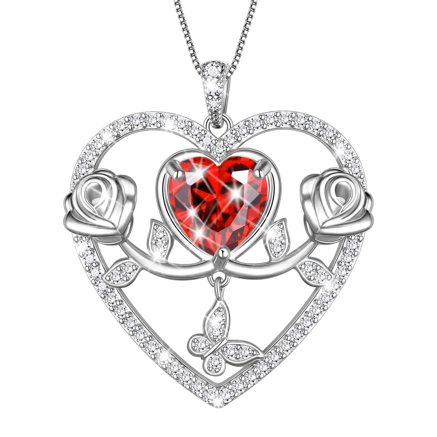 Beautlace 925 Sterling Silver Rose Heart Necklace,Butterfly Flower Pendant Necklace Jewelry Birthday Christmas Valentines Mother's Day Gifts for Women Mom Wife -January