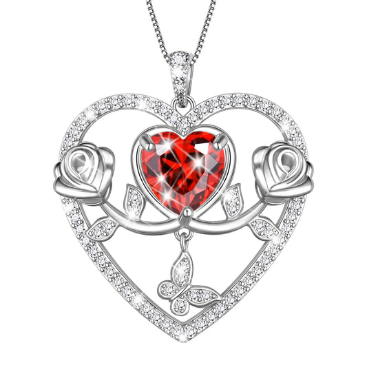 Beautlace 925 Sterling Silver Rose Heart Necklace,Butterfly Flower Pendant Necklace Jewelry Birthday Christmas Valentines Mother's Day Gifts for Women Mom Wife -January