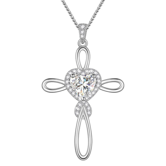 Beautlace GRA Certified 1 Carat Moissanite Cross Necklace,18K White Gold over Stering Silver Heart Birthstone Pendant Necklace Jewelry Birthday Christmas Valentines Gifts for Women