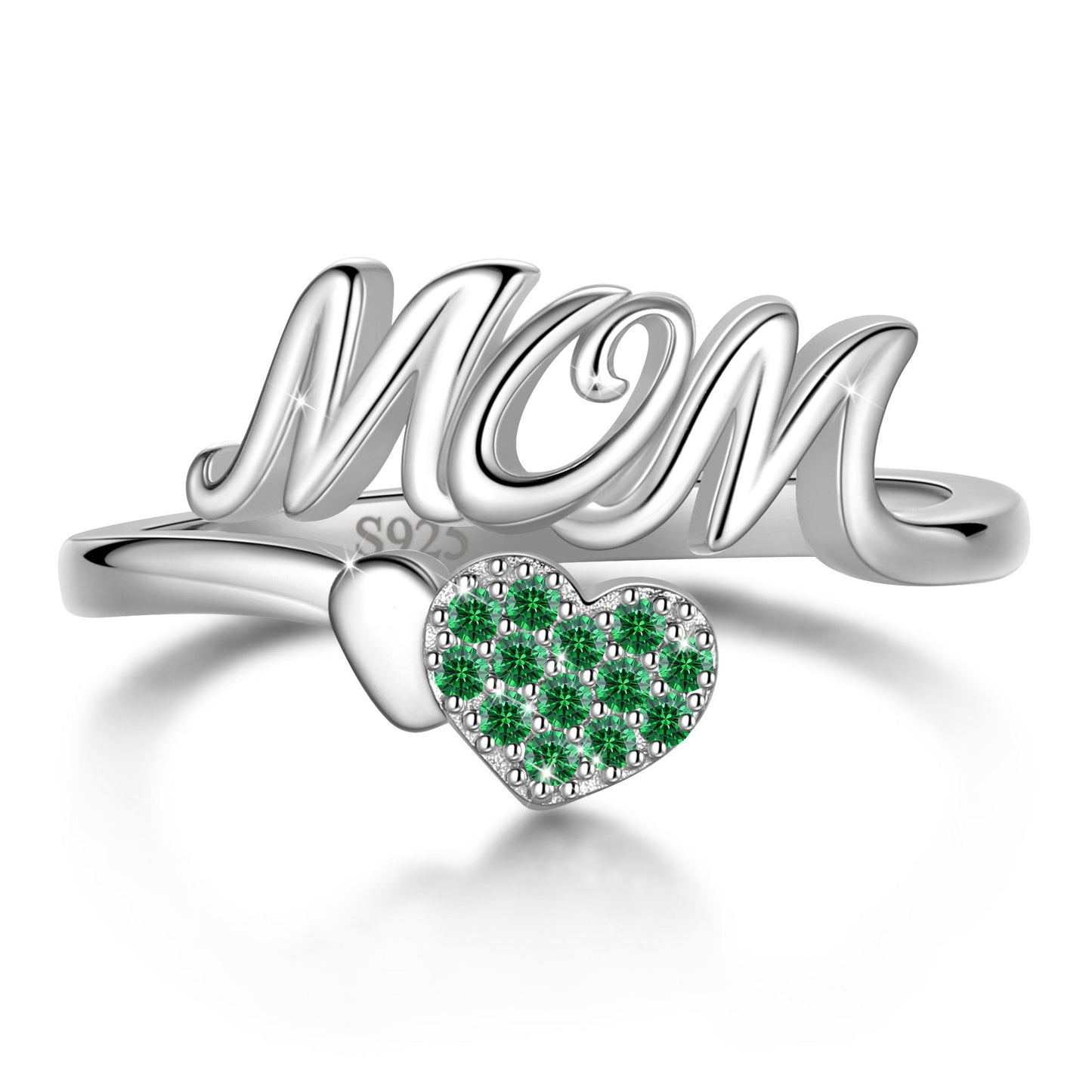Beautlace Mom Adjustable Ring,925 Sterling Silver Love Heart May Emerald Birthstone Open Rings Mothers'Day Birthday Jewelry Gifts for Her Mom Women Gandma