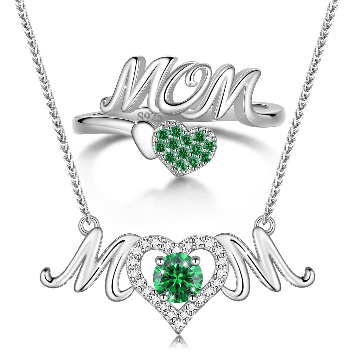 Beautlace Mom Necklace and Ring Set,925 Sterling Silver Love Heart May Emerald Birthstone Pendant Necklace/Adjustable Open Rings Jewelry Set Mother's Day Birthday Gifts for Mom Women Her Gandma