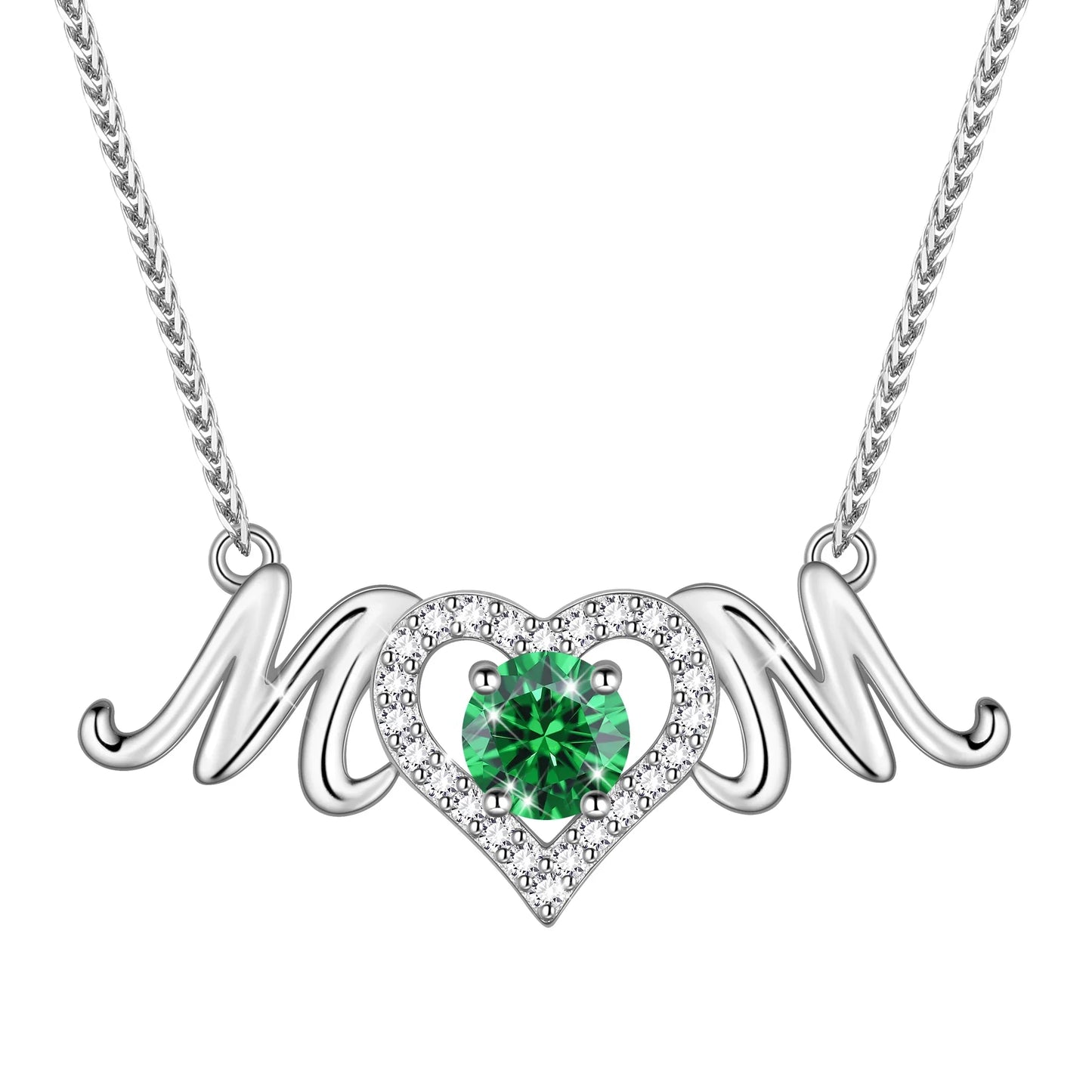 Beautlace Mom Pendant Necklace 925 Sterling Silver Love Heart May Emerald Birthstone Necklace Mother's Day Birthday Jewelry Gifts for Mom Women Grandma