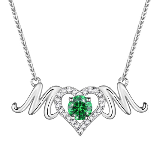Beautlace Mom Pendant Necklace 925 Sterling Silver Love Heart May Emerald Birthstone Necklace Mother's Day Birthday Jewelry Gifts for Mom Women Grandma