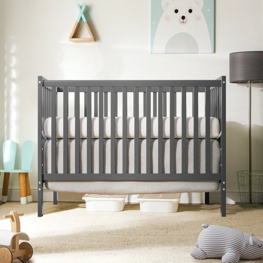 CASEMIOL 5-In-1 Convertible Crib, New Zealand Pinewood Baby Bed,Baby Crib With 3 Height Adjustment, Non-Toxic Finish, Easy to Assemble, Gray