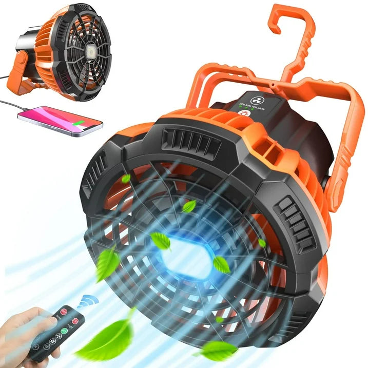 Camping Tent Fan with LED Lantern, Camp Fan Rechargeable, 5200mAh Battery Hanging 360 Adjustment Power Bank Fan with Remote Control for Camping Fishing Outdoor Use