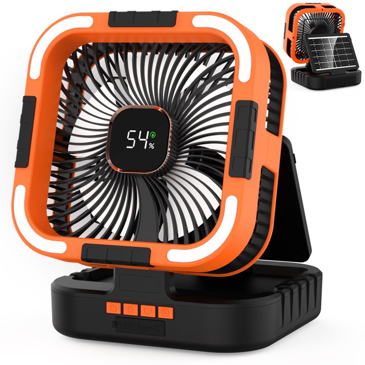 Solar Camping Fan, 10000mAh Rechargeable Battery Portable Fans with LED Light, 6 Speeds Powerful Wind and 4 Timer Oscillating Fan, for Picnic, Fishing