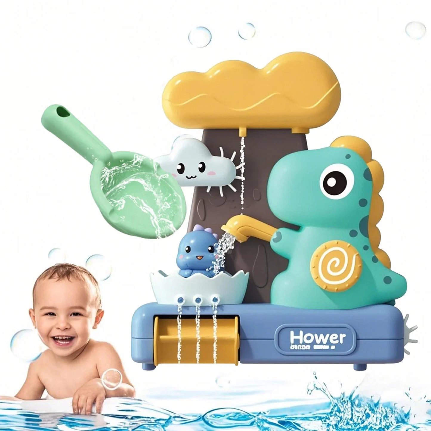 QXQ Baby Bath Toys 3 5, Dinosaur Bathtub Water Play Shower Toy for Toddlers Age 2 4, Fun Suction Cup Bath Toys for Kids Boys Girl Birthday (Ladle Color Random)