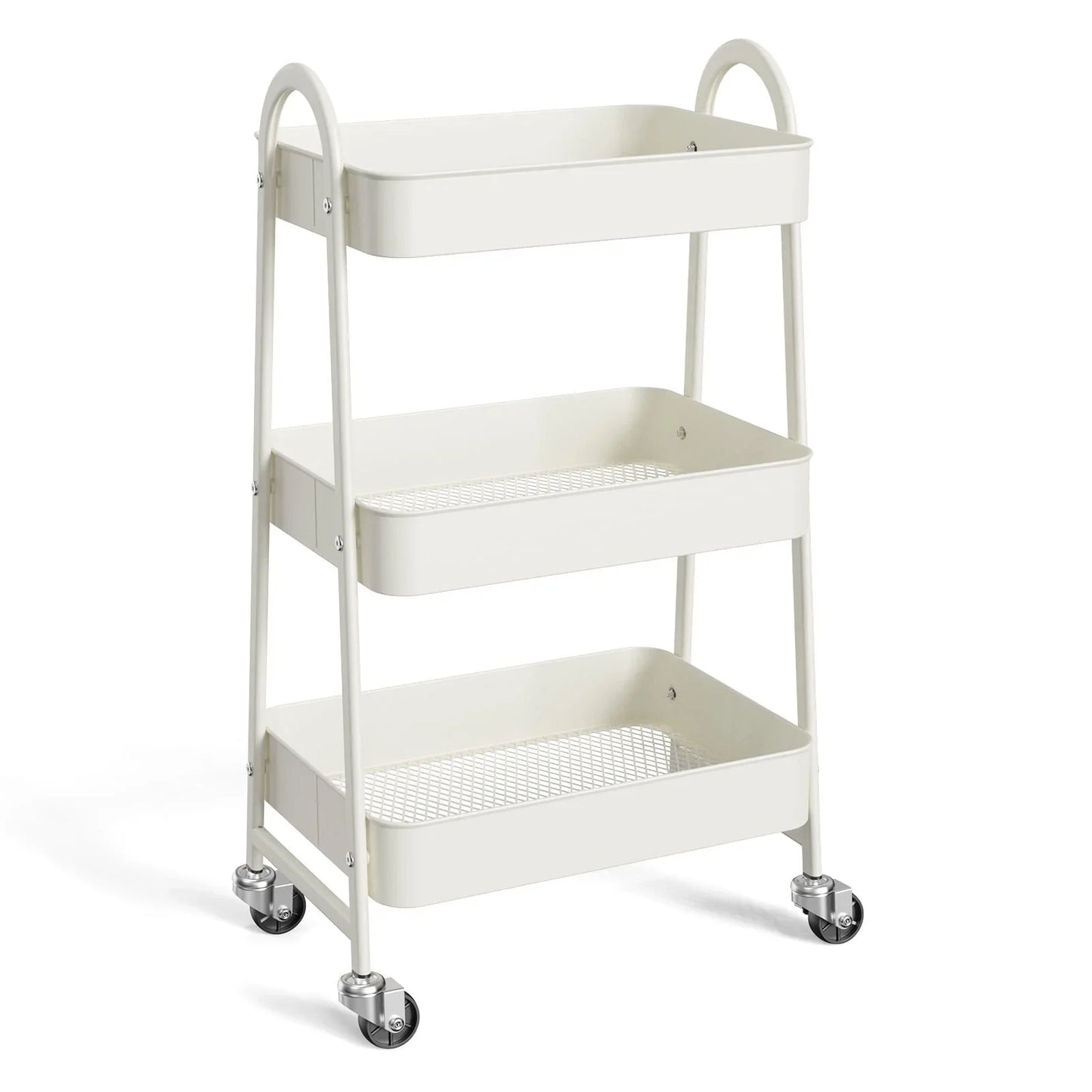CONCETTA 3 Tier Utility Rolling Cart, Metal Mobile Storage Cart with Lockable Caster Wheels, Storage Shelves Organizer Cart for Livingroom, Bathroom, Kitchen, & Narrow Places, White