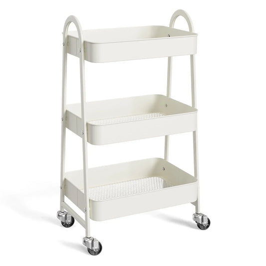 CONCETTA 3 Tier Utility Rolling Cart, Metal Mobile Storage Cart with Lockable Caster Wheels, Storage Shelves Organizer Cart for Livingroom, Bathroom, Kitchen, & Narrow Places, White