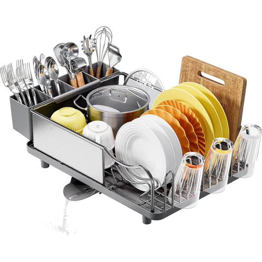 Dish Drying Rack - 304 Large Stainless Steel Dish Drainer for Kitchen Counter, Multifunctional Rust Resistant Kitchen Organizer and Easy Cleaning Storage Rack with Cutlery Holder Drip Tray