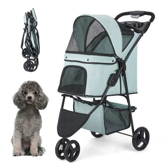 Dog Stroller, Wedyvko 3 Wheels Foldable Pet Strollers with Storage Basket and Cup Holder for Small and Medium Cats, Dogs, Puppies (Blue-green)