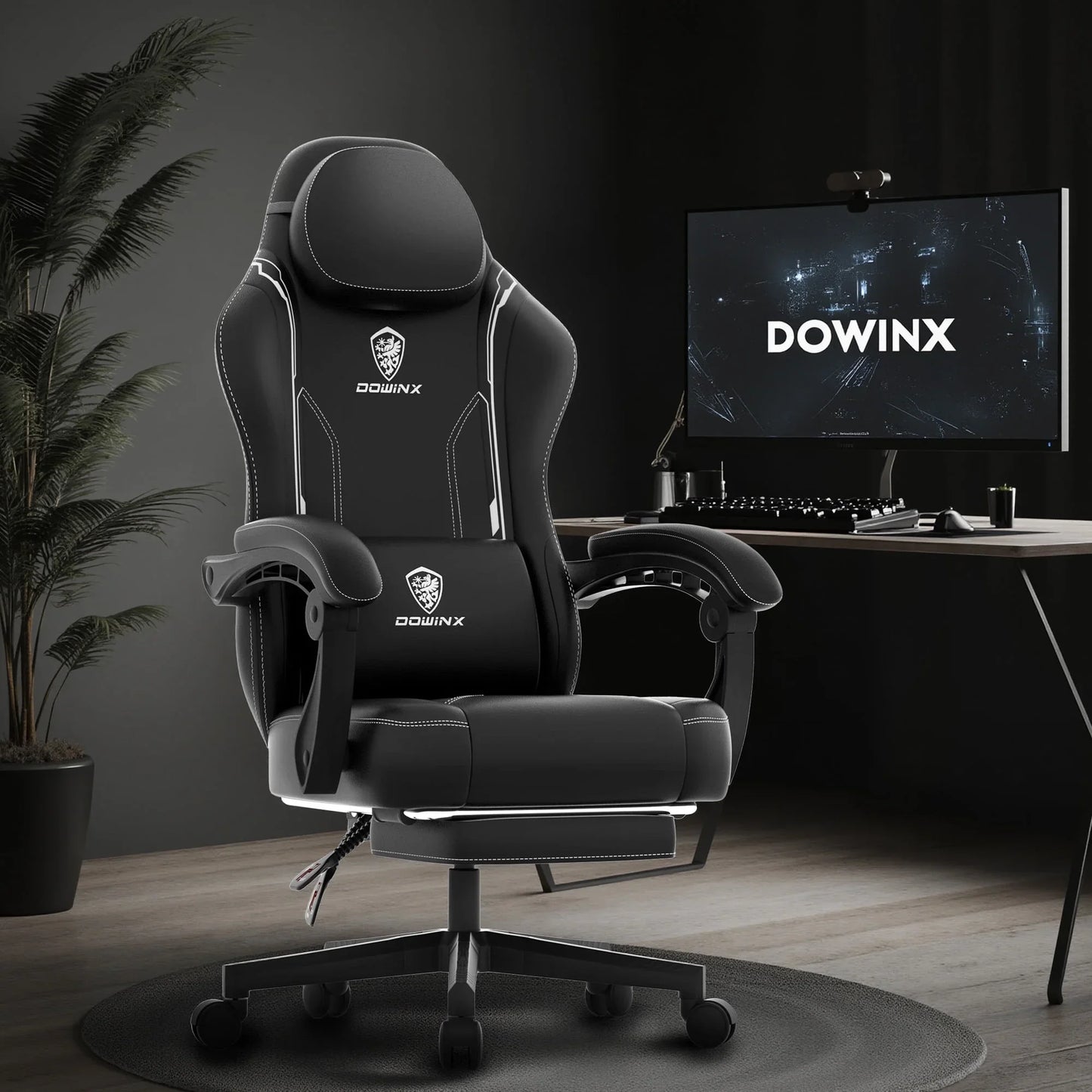 Dowinx Ergonomic Gaming Chair High Back PU Leather Office Chair with Pocket Spring Cushion, Massage Lumbar Support & Adjustable Footrest, 300LBS Weight Capacity for Adults, Computer Gaming, Black