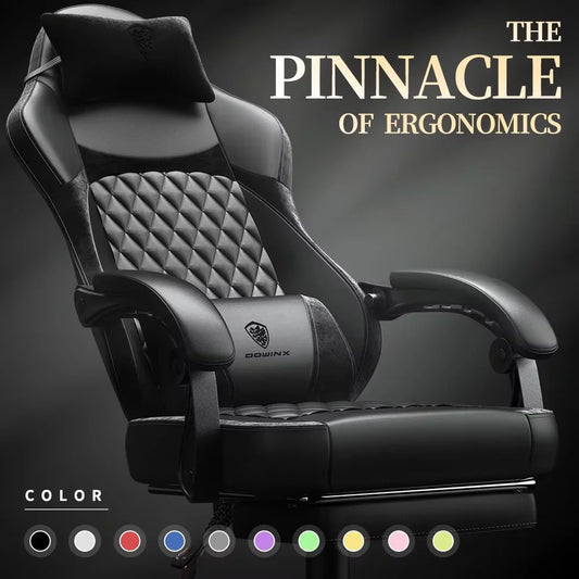 Dowinx Ergonomic Gaming Chair with Pocket Spring Cushion & Massage Lumbar Support  High Back Office Computer Chair with Footrest for Adults, 300LBS Capacity, Leather Design， Black