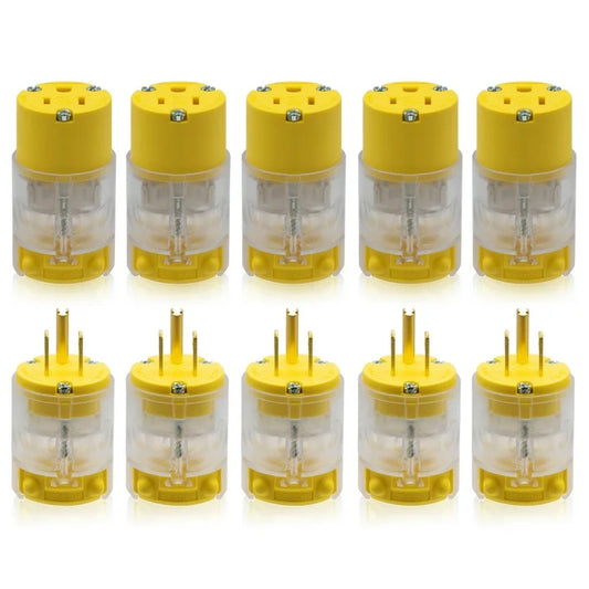 ELEGRP Lighted Straight Blade Electrical Plug and Connector Set 15 Amp 125 Volt NEMA 5-15P NEMA 5-15R 2 Pole 3 Wire Grounding, Commercial Grade, Yellow, 5 Set