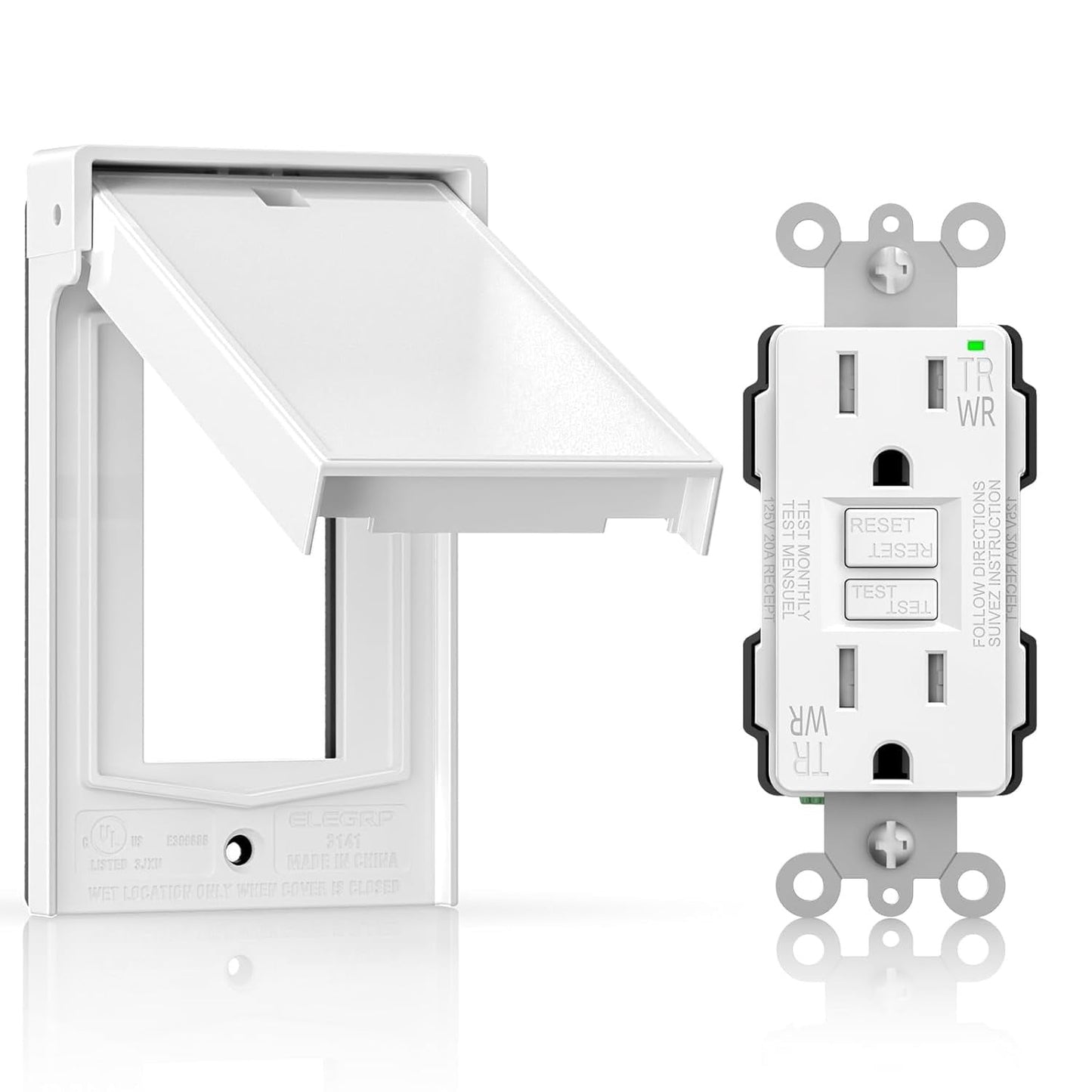 ELEGRP Outdoor GFCI Outlet with Cover, Weather Resistant GFCI Receptacle and Wall Plate, 15 Amp Self-Test GFI Outlet, Thinner Design Ground Fault Receptacle, UL Listed, Matte White, 1 Pack