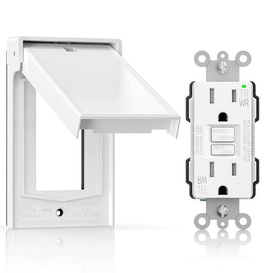 ELEGRP Outdoor GFCI Outlet with Cover, Weather Resistant GFCI Receptacle and Wall Plate, 15 Amp Self-Test GFI Outlet, Thinner Design Ground Fault Receptacle, UL Listed, Matte White, 1 Pack