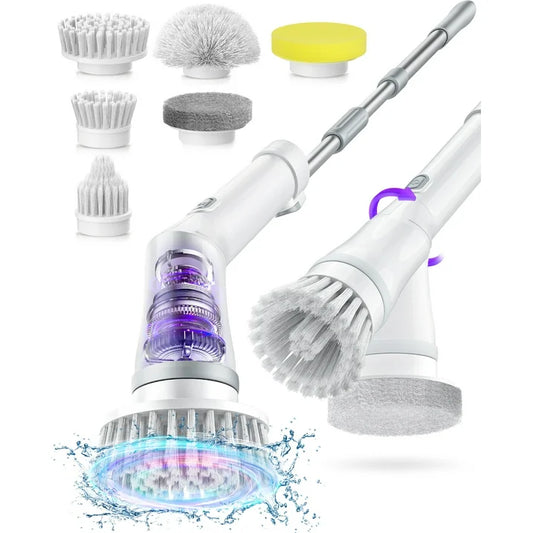Electric Spin Scrubber, Cordless Cleaning Brush with 6 Replaceable Brush Heads and 2H Power Dual Speed, Adjustable & Detachable Long Handle, Shower Scrubber for Bathroom Tub Tile Floor Car,W-White