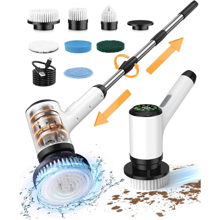 Electric Spin Scrubber, Cordless Cleaning Brush, Bathroom Shower Scrubber with 7 Replaceable Brush Heads, 2 Adjustable Speeds, Extension Handle, IPX7 Waterproof for Tub Tile Floor Car-3