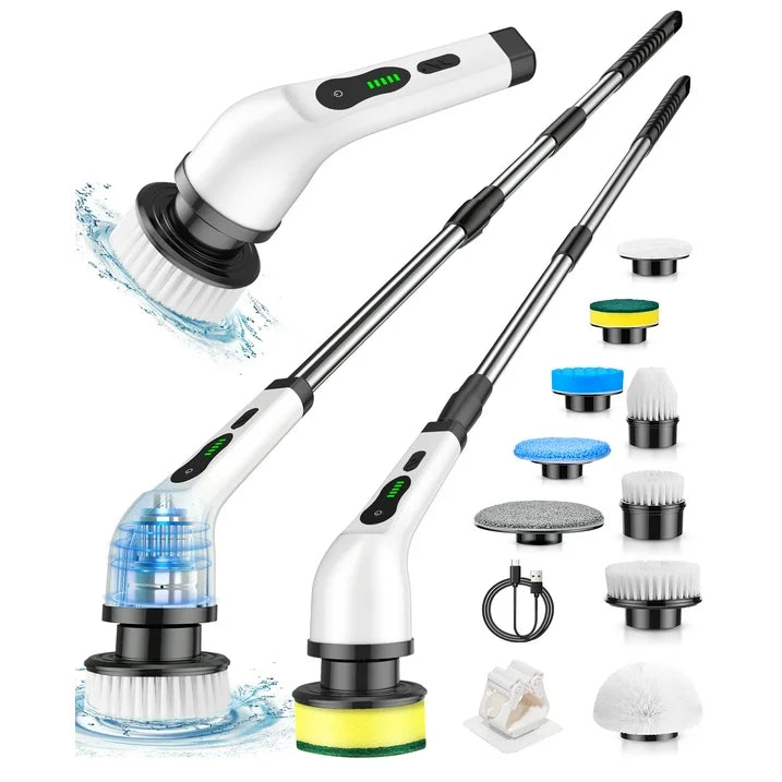 Electric Spin Scrubber, Cordless Cleaning Brush, Shower Scrubber with 9 Brush Heads 2H Power Dual Speed, Adjustable Extension Handle, IPX7 Waterproof for Tub Tile Floor Car-A