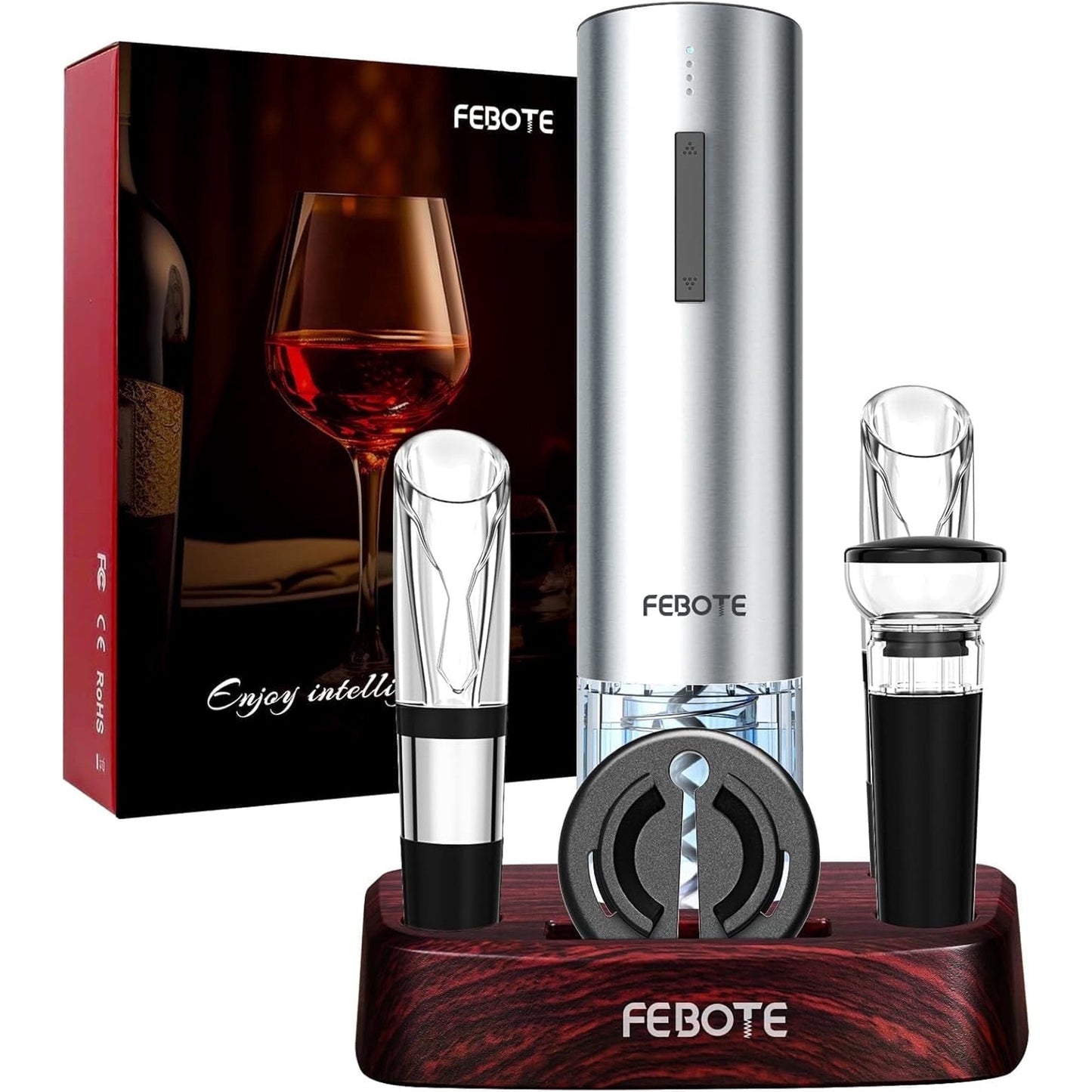 FEBOTE Electric Wine Opener Set with Wood Stand, Rechargeable Automatic Corkscrew w/2 Vacuum Wine Stoppers, Wine Aerator & Foil Cutter, Unique Gift
