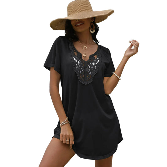 FOLUNSI Womens Plus size Swimsuit Cover Ups V Neck Lace Crochet Summer Bikini Beach Cover ups Dress for Swimwear S-3XL