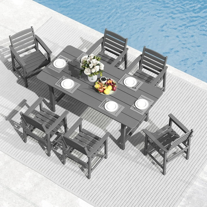 FOOWIN 7PCS Patio Dining Set, HDPE All Weather Outdoor Furniture Set 6 Chairs and 1 Table, Grey