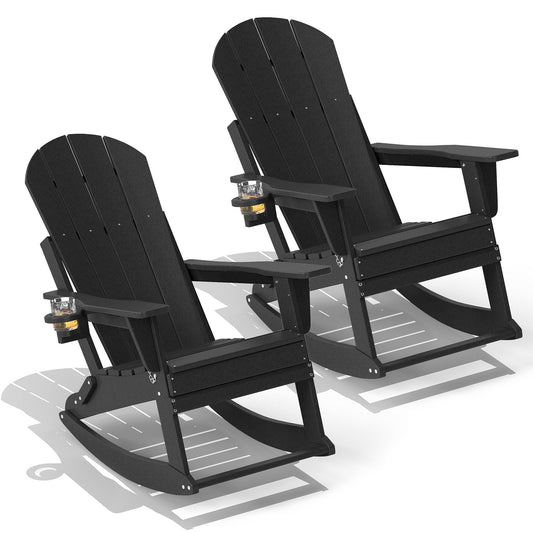FOOWIN Outdoor Rocking Adirondack Chair Set of 2, HDPE Patio Porch Rocker Chair for Balcony, Black