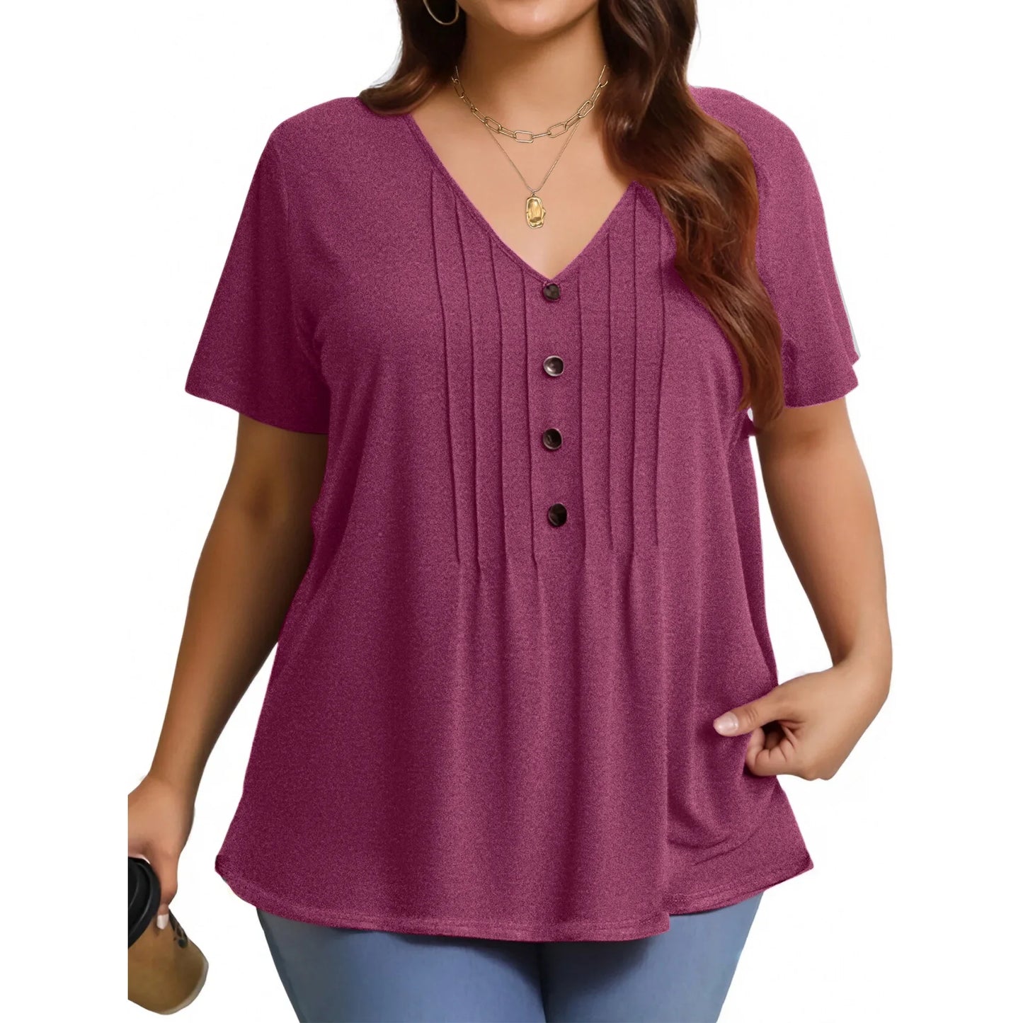 Fantaslook Plus Size Blouses for Women Pleated Button Short Sleeve Shirts Casual V Neck Tunic Tops