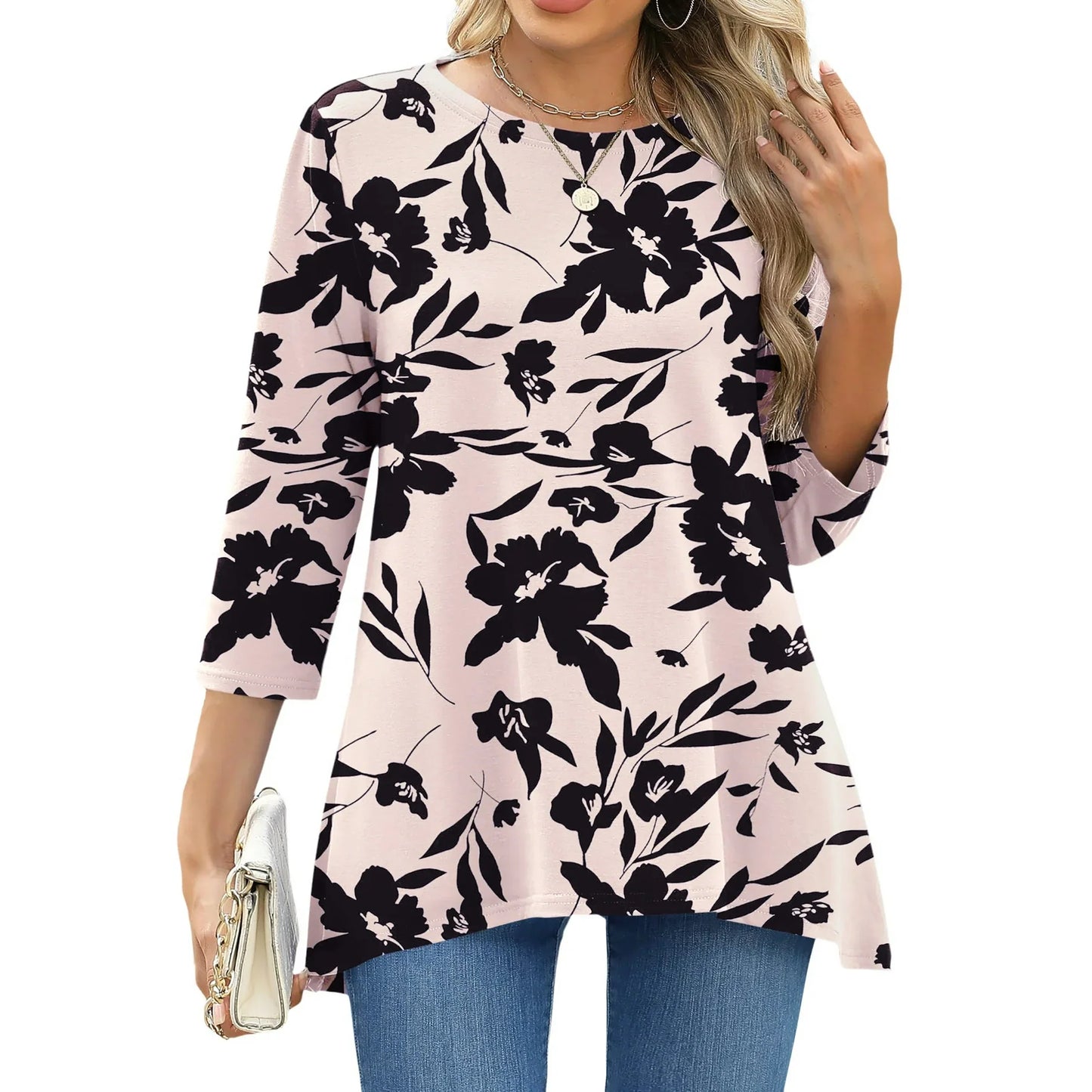 Fantaslook Plus Size Women Tunic Tops 3/4 Sleeve Dressy Casual Blouses Loose Flowy Floral Shirts