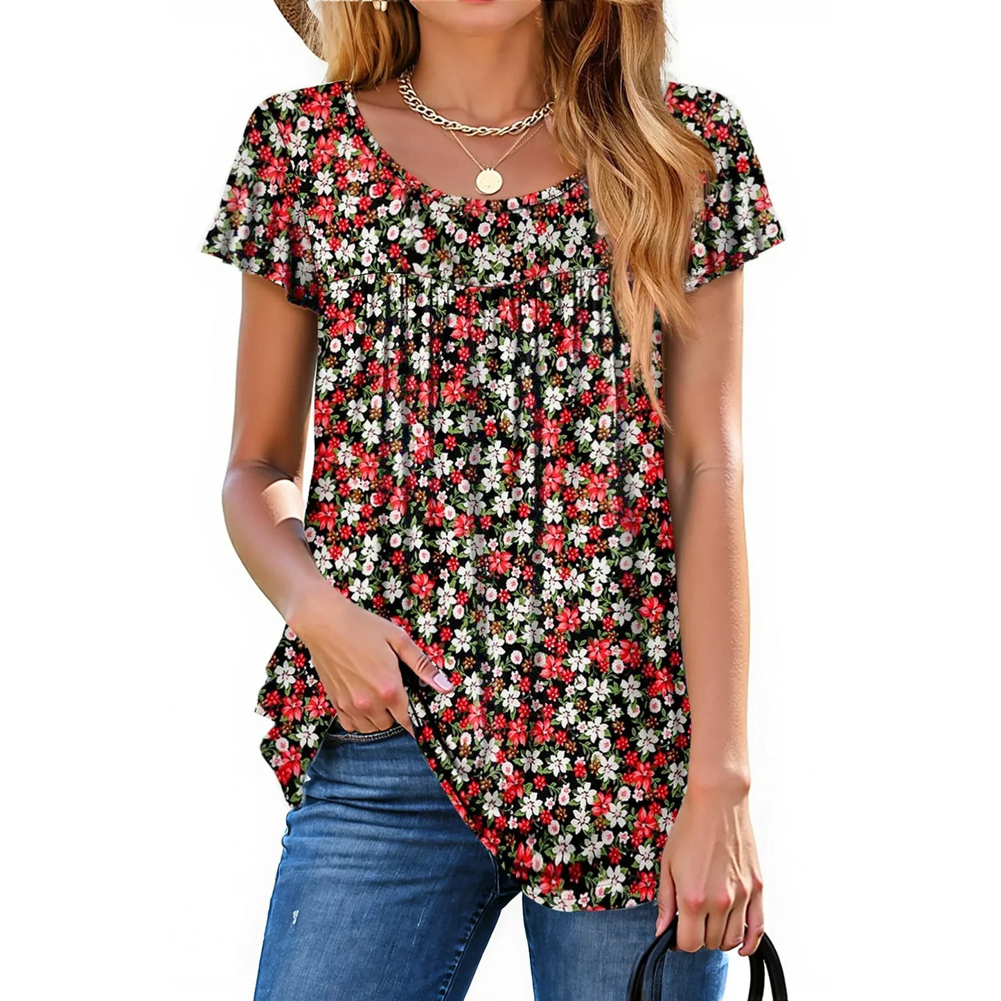 Fantaslook Womens Blouses Dressy Casual Pleated Tunic Tops Floral Ruffle Sleeve Summer Shirts