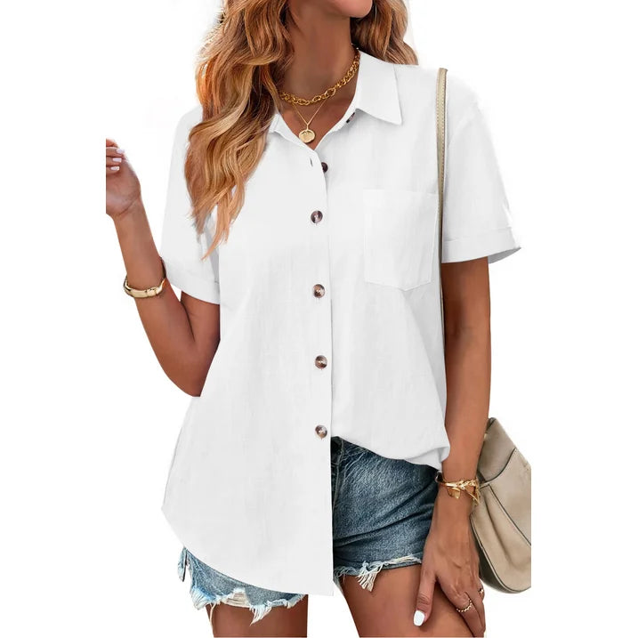 Fantaslook Womens Button Down Shirts Lapel Short Sleeve Shirt Collared Pocketed Casual Blouses Summer Tops
