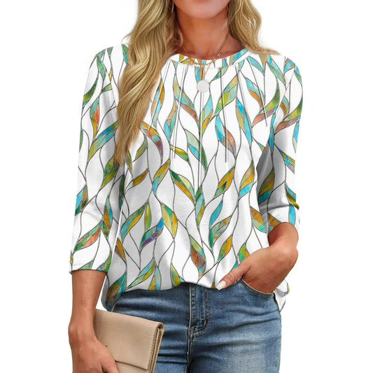 Fantaslook Womens Plus Size Tops 3/4 Sleeve Pleated Dressy Blouses Crew Neck Casual Tunic Tops Summer Shirts