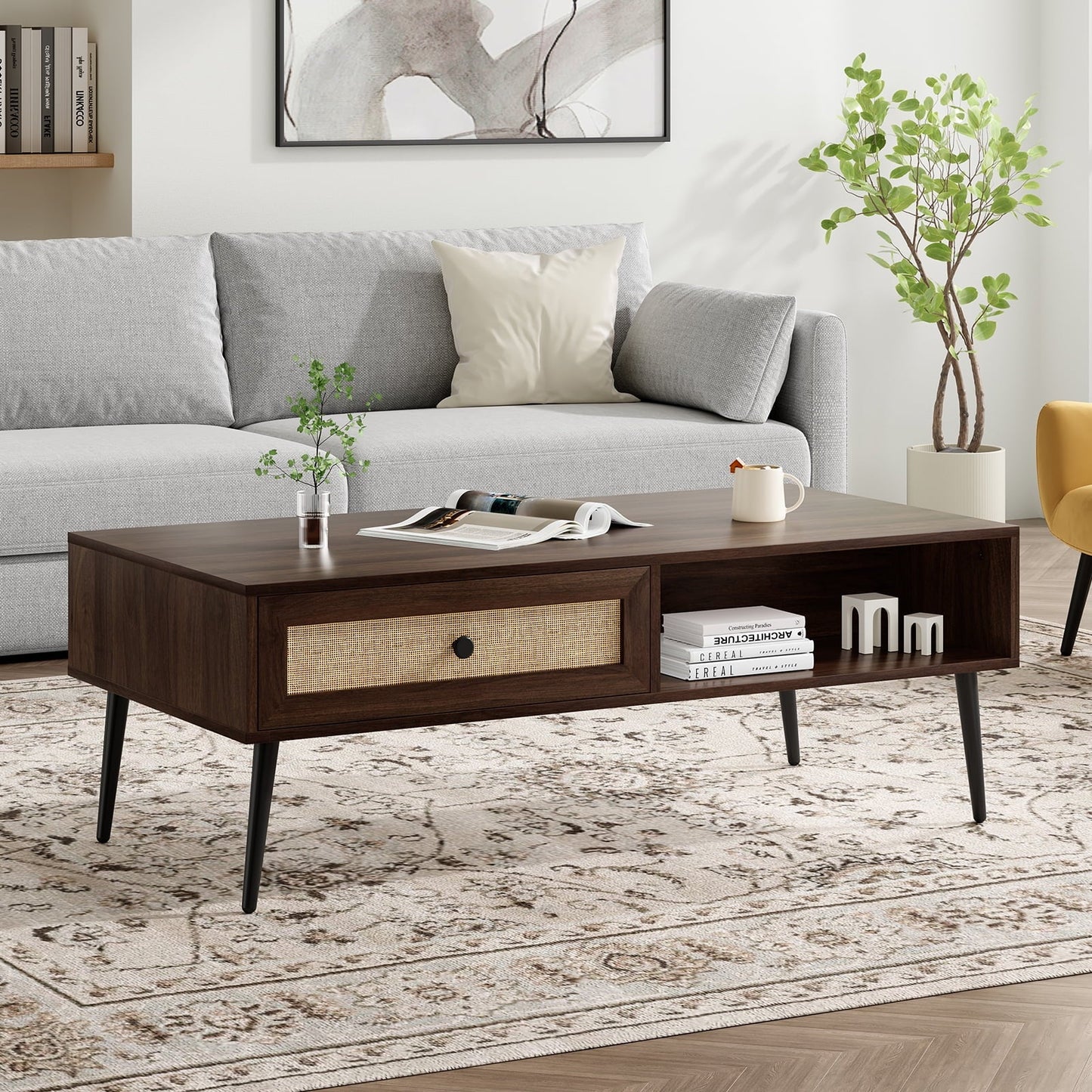 Farini 47" Modern Coffee Table, Rectangle Living Room Table with Drawer & Open Shelf for Living Room, Office, Walnut