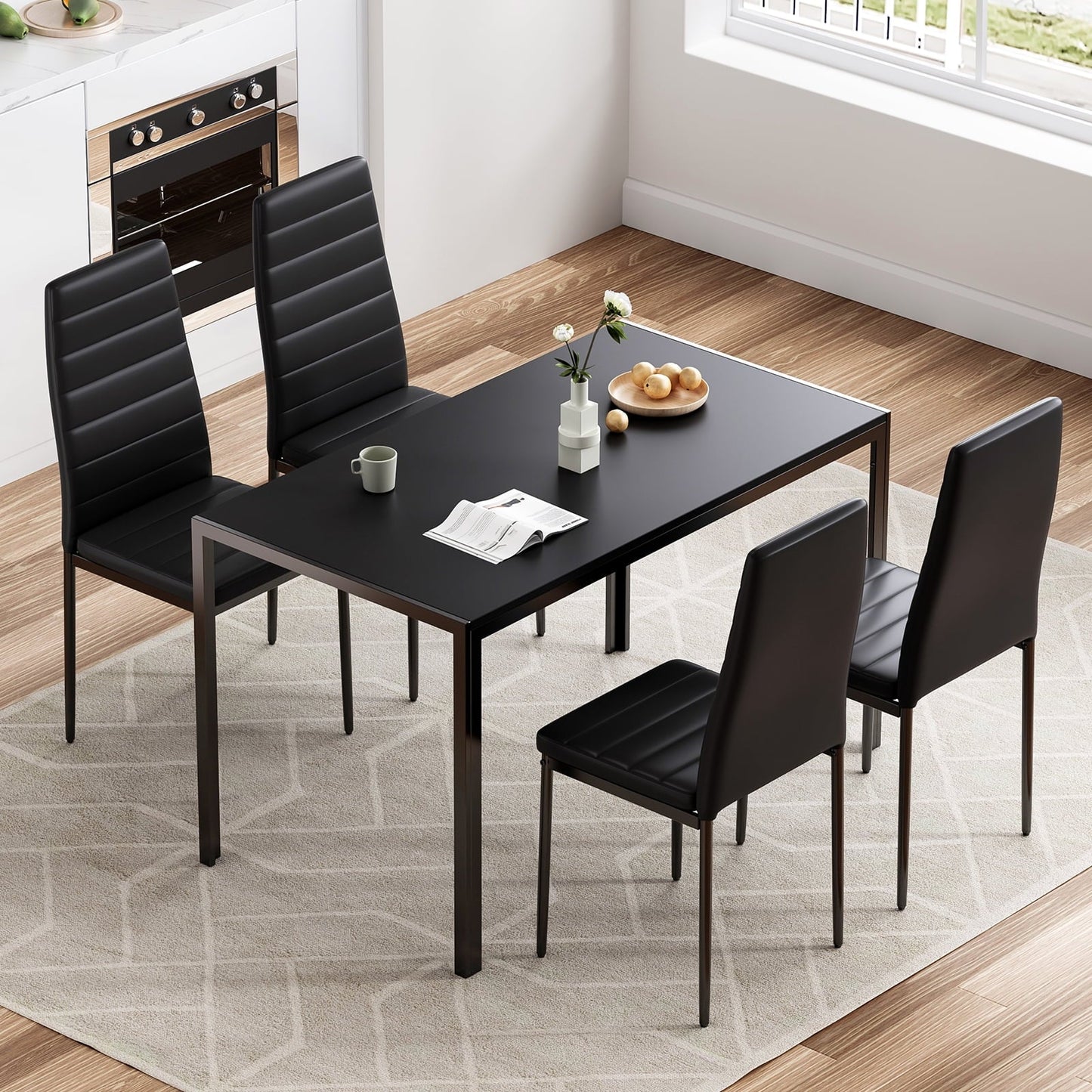 Farini 5-Piece Dining Table Set for Dining Room,4 Upholstered PU Chairs and 1 Table,Black