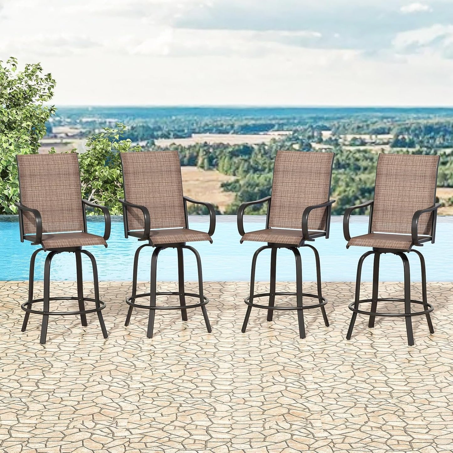 Farini Outdoor Bar Stools Set of 4, 360°Swivel Patio Barstools with Textile Fabric,Ergonomic Comfort Bar Height Tall Outdoor Stools for Balcony,Brown