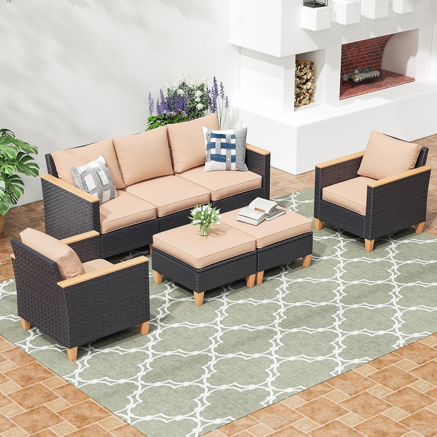 Farini Outdoor Furniture Set, 7 Piece Patio Sectional Furniture Set with Cushions, PE Outdoor Wicker Conversation Set Sectional Patio Sofa, All-Weather Rattan Sofa for Backyard, Garden, and Poolside