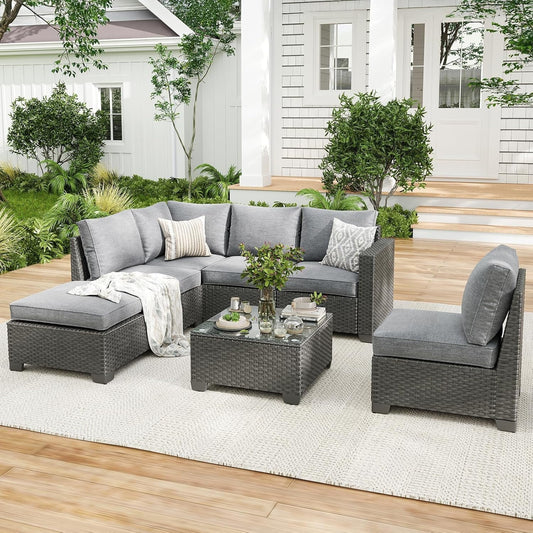 Farini Outdoor Wicker conversation sets, 7 Pieces Patio Furniture Sofa Set with Coffee Table, All Weather for Garden, Backyard, Balcony (Dark Gray)