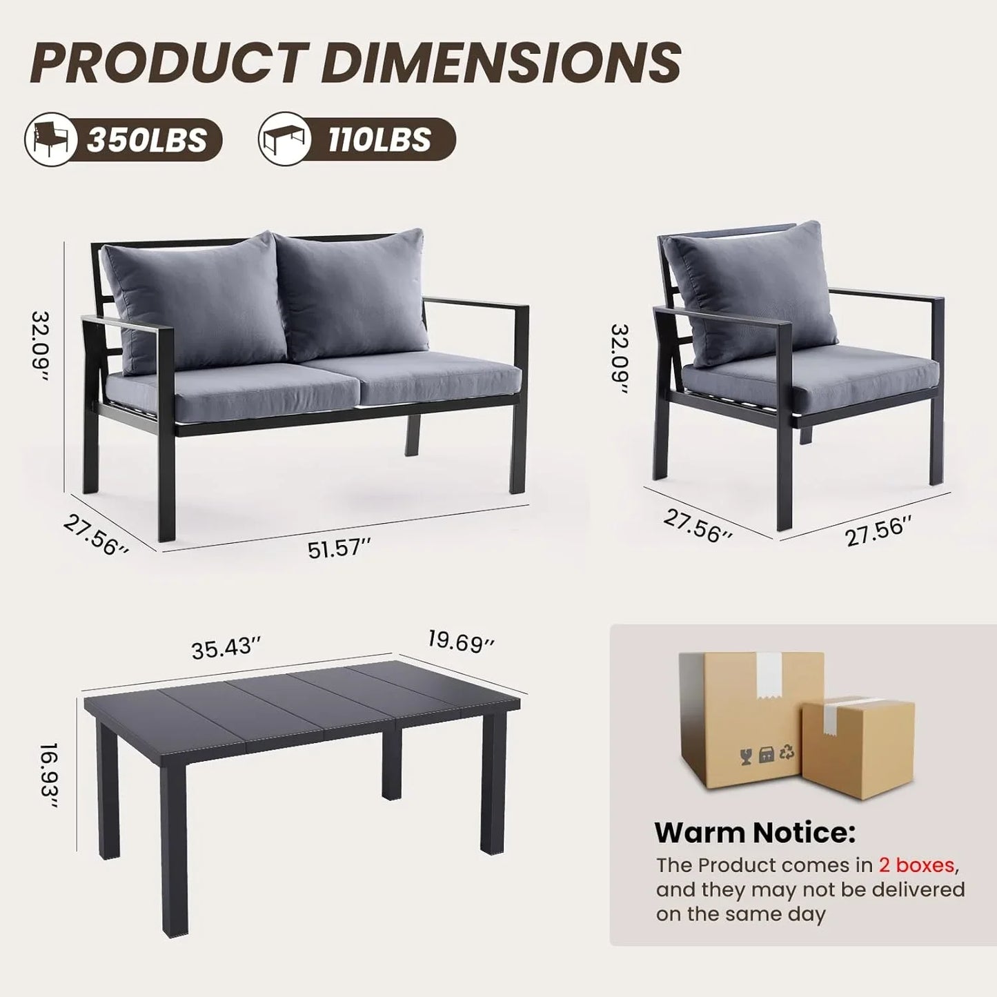 Farini Outdoor conversation sets, 4 Pieces Metal Patio Furniture Set with 2 Single Sofas, Loveseat & Coffee Table, for Garden, Backyard, Balcony (Dark Gray)