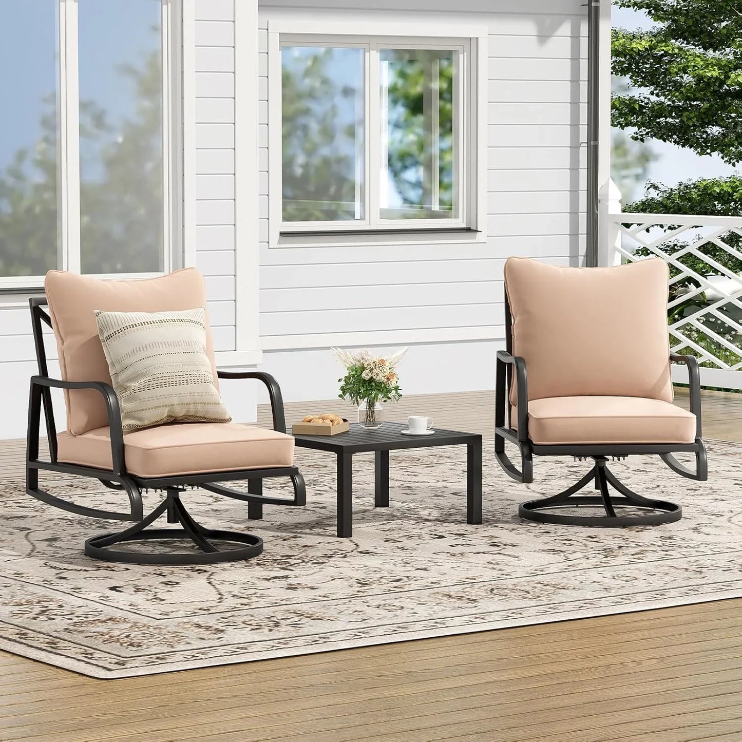 Farini Small Patio Furniture Set, 3 Piece Outdoor Bistro Set, 2 x Swivel Patio Chairs and 1 x Small Side Table, Outdoor Table and Chairs Set with 4" Thick Cushions for Backyard, Porch, Poolside
