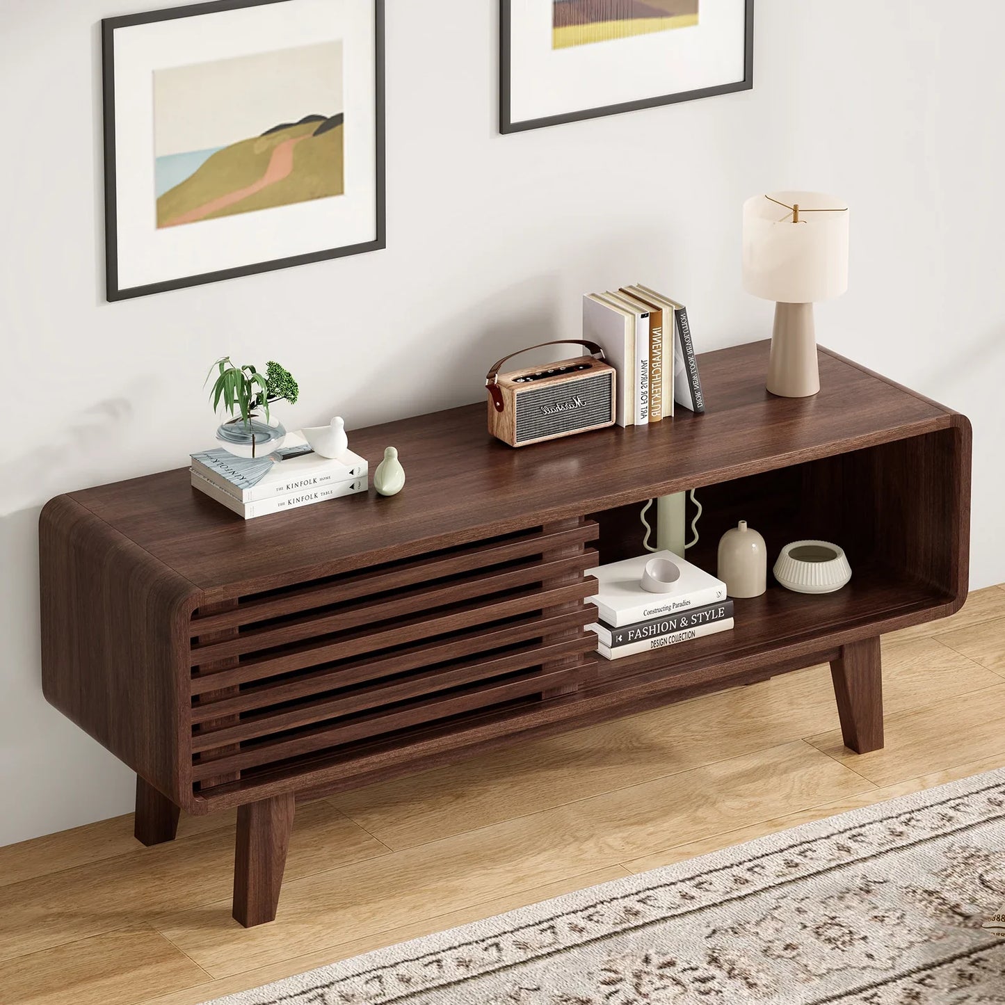 Farini TV Stand for TV up to 59", Entertainment Center with Storage and Sliding Door, Walnut